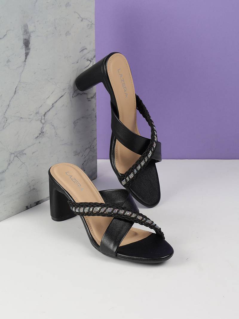 Lazera women’s block heel sandals with braided crystal strap