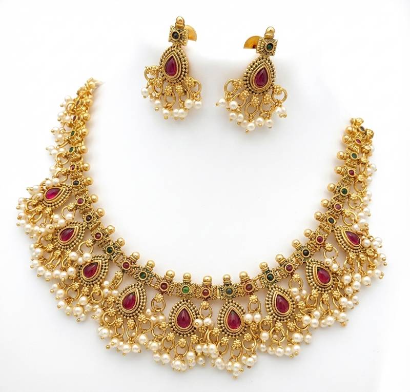 Antique gold-plated ethnic choker set with ruby red stones & pearls | traditional indian jewelry for weddings