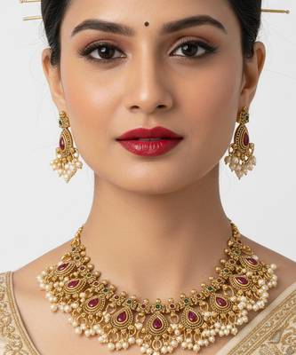 Antique gold-plated ethnic choker set with ruby red stones & pearls | traditional indian jewelry for weddings 2