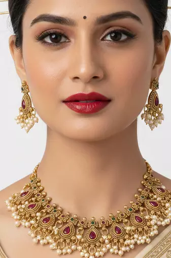 Antique gold-plated ethnic choker set with ruby red stones & pearls | traditional indian jewelry for weddings