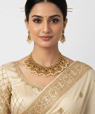Antique gold-plated ethnic choker set with ruby red stones & pearls | traditional indian jewelry for weddings 3