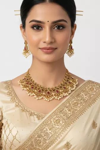 Antique gold-plated ethnic choker set with ruby red stones & pearls | traditional indian jewelry for weddings