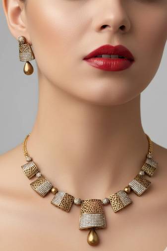 Traditional gold-plated geometric choker necklace earring set ethnic indian jewelry