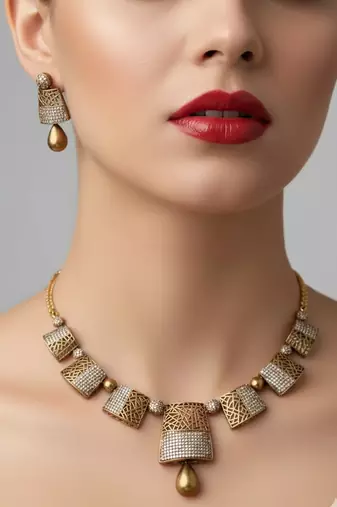 Traditional gold-plated geometric choker necklace earring set ethnic indian jewelry