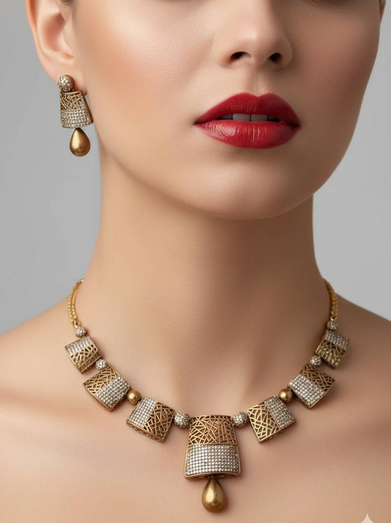 Traditional gold-plated geometric choker necklace earring set ethnic indian jewelry