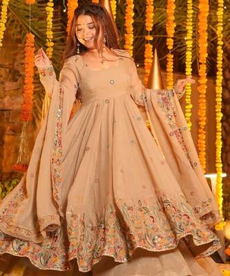  beige CRUNCHY SILK  embroidered anarkali SHARARA SET 1