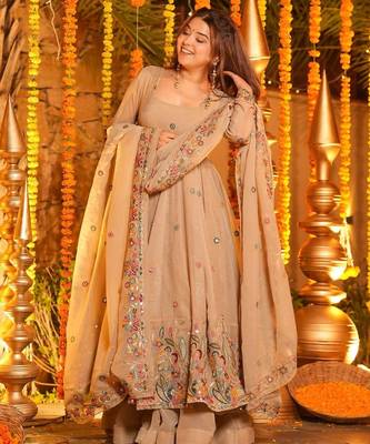  beige CRUNCHY SILK  embroidered anarkali SHARARA SET 2