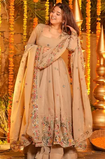  beige CRUNCHY SILK  embroidered anarkali SHARARA SET