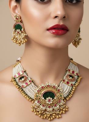 Traditional gold-plated pearl Necklace :: earring set ethnic ruby green stone bridal jewelry (78 characters) 1