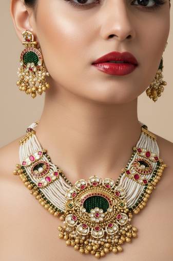 Traditional gold-plated pearl necklace earring set ethnic ruby green stone bridal jewelry (78 characters)