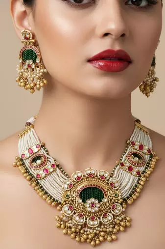 Traditional gold-plated pearl necklace earring set ethnic ruby green stone bridal jewelry (78 characters)