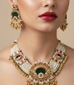 Traditional gold-plated pearl necklace earring set ethnic ruby green stone bridal jewelry (78 characters)