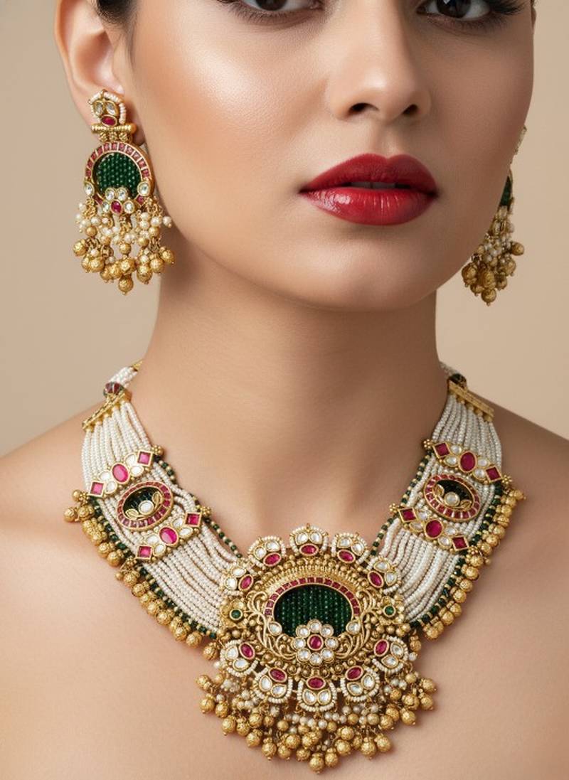 Traditional gold-plated pearl necklace earring set ethnic ruby green stone bridal jewelry (78 characters)