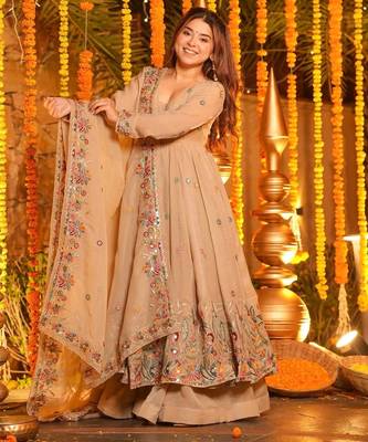  beige CRUNCHY SILK  embroidered anarkali SHARARA SET 3