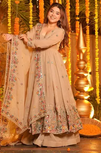  beige CRUNCHY SILK  embroidered anarkali SHARARA SET