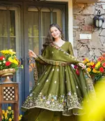 Mahendi green crunchy silk   party wear embroidery  suit set