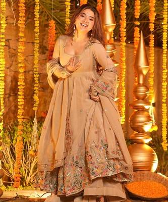  beige CRUNCHY SILK  embroidered anarkali SHARARA SET 4