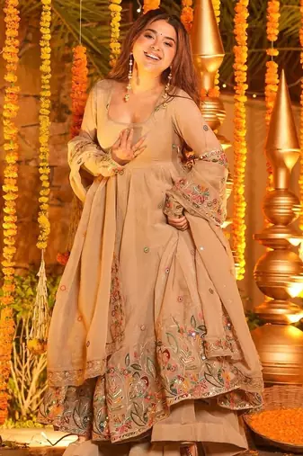 beige CRUNCHY SILK  embroidered anarkali SHARARA SET