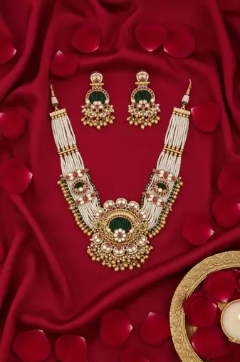 Traditional gold-plated pearl Necklace :: earring set ethnic ruby green stone bridal jewelry (78 characters)