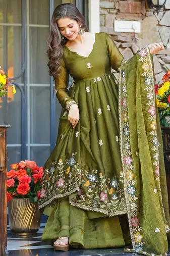 mehendi green plus size crunchy silk embroidered suit 