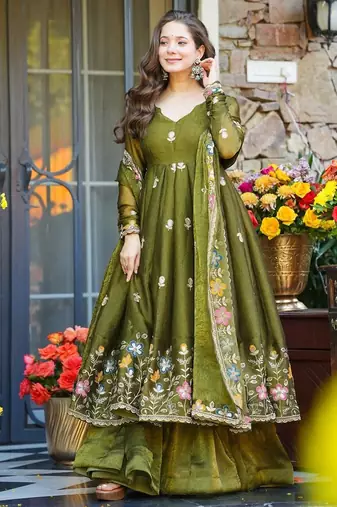 mehendi green plus size crunchy silk embroidered suit 