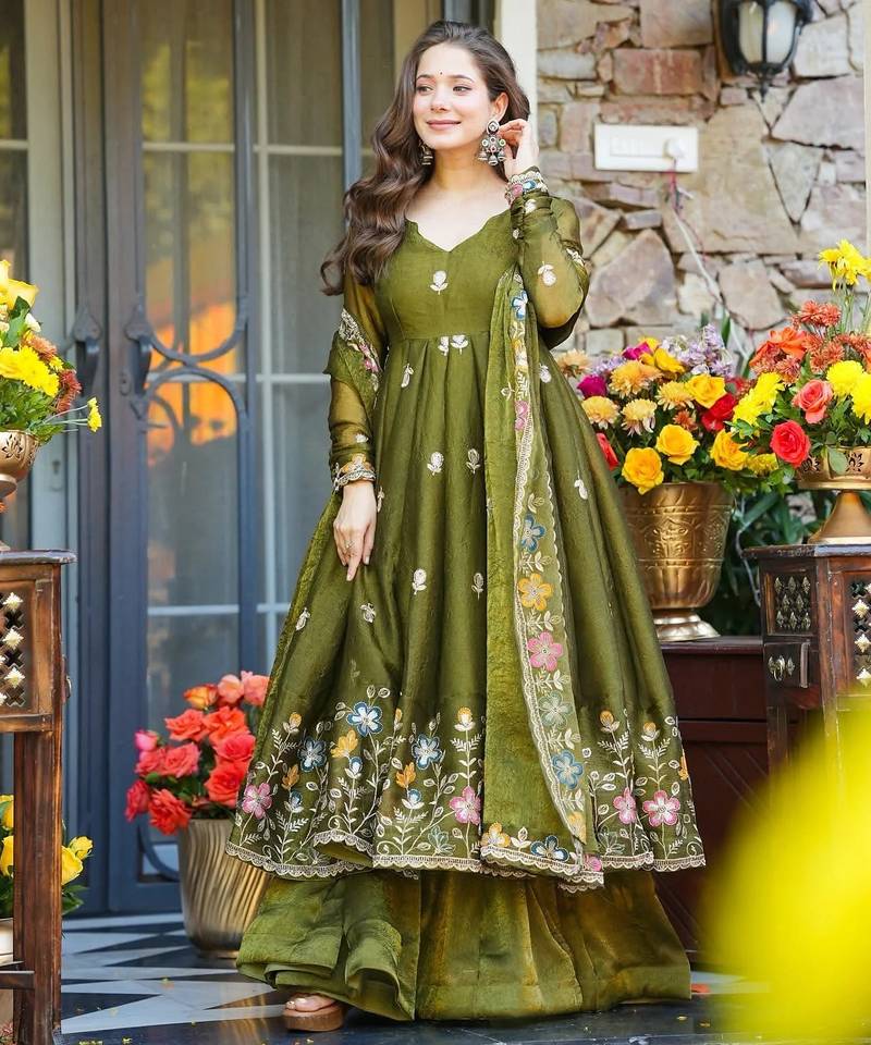Mahendi green crunchy silk   party wear embroidery  suit set