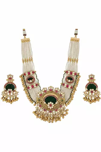 Traditional gold-plated pearl Necklace :: earring set ethnic ruby green stone bridal jewelry (78 characters)