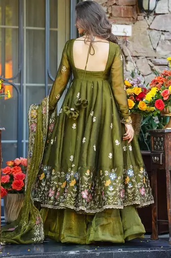 mehendi green plus size crunchy silk embroidered suit 