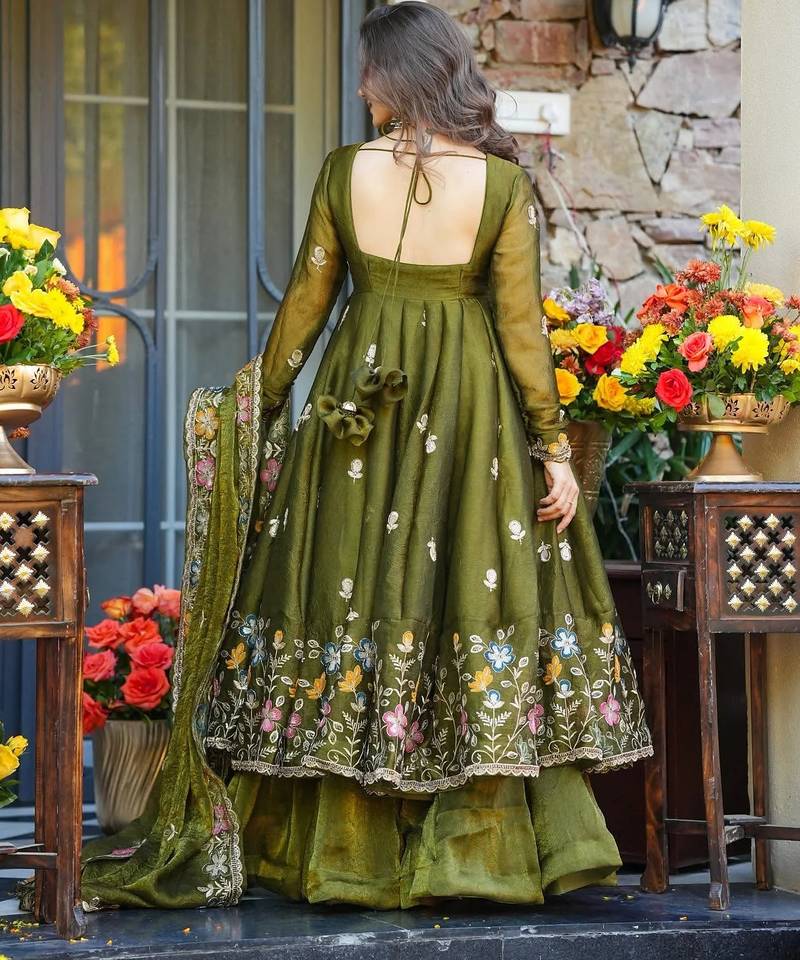 Mahendi green crunchy silk   party wear embroidery  suit set