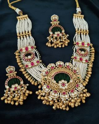 Traditional gold-plated pearl Necklace :: earring set ethnic ruby green stone bridal jewelry (78 characters) 4