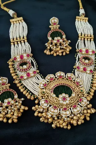 Traditional gold-plated pearl Necklace :: earring set ethnic ruby green stone bridal jewelry (78 characters)