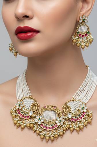 Handcrafted gold-plated temple necklace set with pearl beads | traditional ethnic bridal jewelry