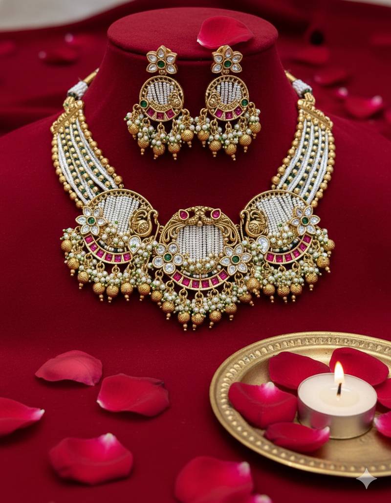 Handcrafted gold-plated temple necklace set with pearl beads | traditional ethnic bridal jewelry