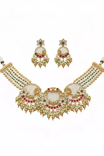 Handcrafted gold-plated temple Necklace :: set with pearl beads | traditional ethnic bridal jewelry
