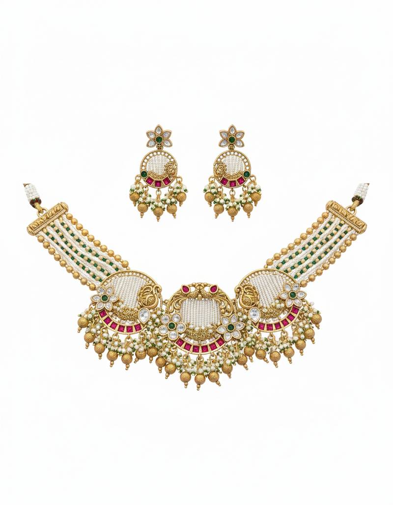 Handcrafted gold-plated temple necklace set with pearl beads | traditional ethnic bridal jewelry