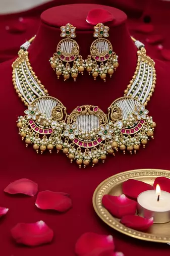 Handcrafted gold-plated temple Necklace :: set with pearl beads | traditional ethnic bridal jewelry
