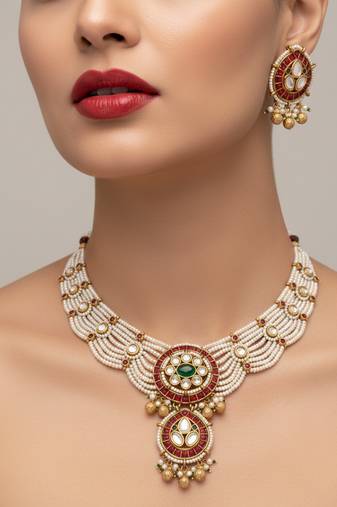 Traditional handcrafted gold-plated kundan pearl necklace set with earrings | ethnic bridal jewelry