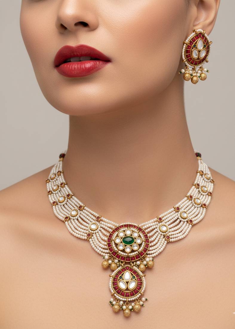 Traditional handcrafted gold-plated kundan pearl necklace set with earrings | ethnic bridal jewelry
