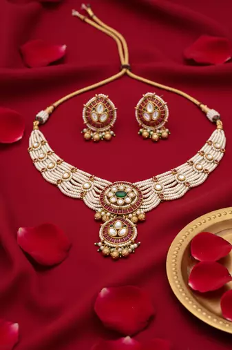 Traditional handcrafted gold-plated kundan pearl Necklace :: set with earrings | ethnic bridal jewelry