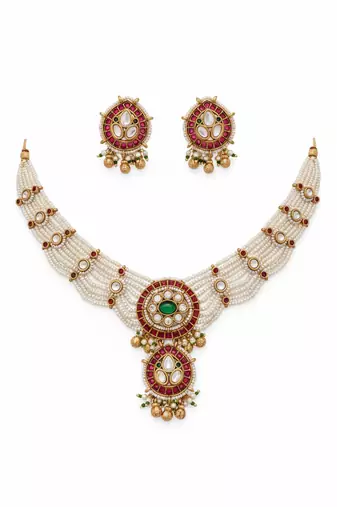 Traditional handcrafted gold-plated kundan pearl Necklace :: set with earrings | ethnic bridal jewelry