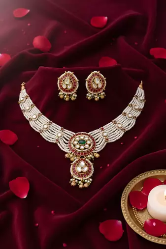 Traditional handcrafted gold-plated kundan pearl Necklace :: set with earrings | ethnic bridal jewelry