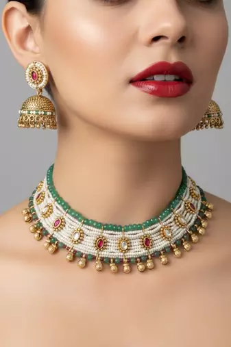 Traditional handcrafted gold-plated pearl & green beaded choker necklace set with jhumka earrings