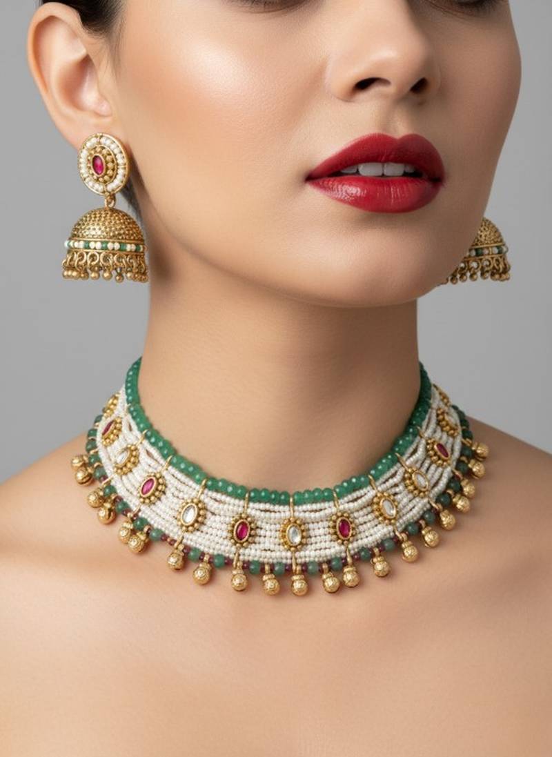 Traditional handcrafted gold-plated pearl & green beaded choker necklace set with jhumka earrings