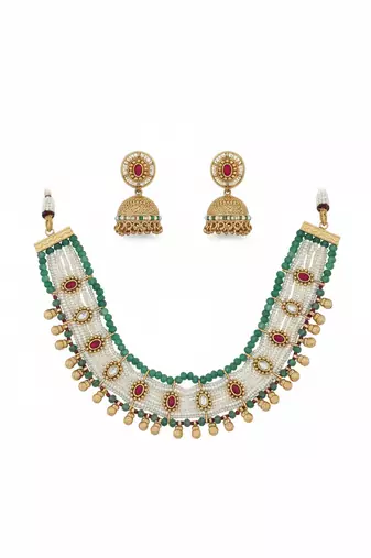 Traditional handcrafted gold-plated pearl & green beaded choker Necklace :: set with jhumka earrings