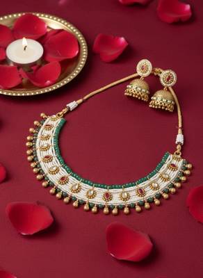 Traditional handcrafted gold-plated pearl & green beaded choker Necklace :: set with jhumka earrings 4