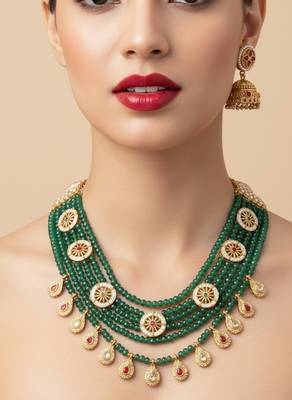 Traditional handcrafted green beaded gold-plated ethnic necklace set with jhumka earrings 1