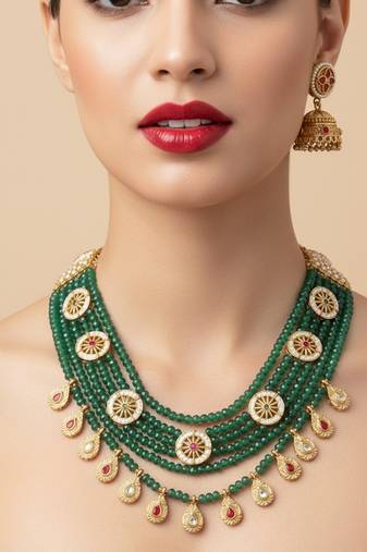 Traditional handcrafted green beaded gold-plated ethnic necklace set with jhumka earrings