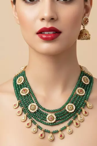 Traditional handcrafted green beaded gold-plated ethnic necklace set with jhumka earrings