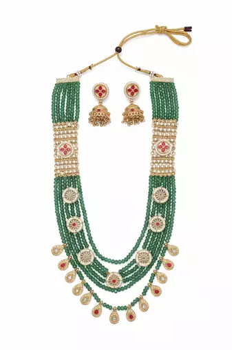Traditional handcrafted green beaded gold-plated ethnic necklace set with jhumka earrings