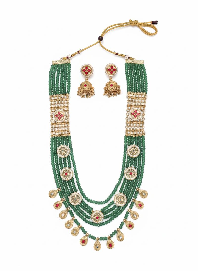 Traditional handcrafted green beaded gold-plated ethnic necklace set with jhumka earrings